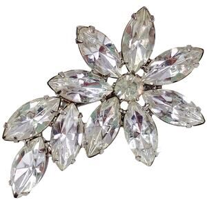 VTG 1950s Brooch Rhinestone Floral Spray Mid Century Sparkling Silver Tone Pin